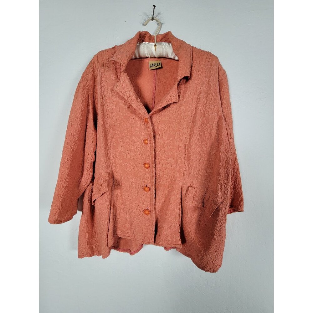 URU Womens Embossed Floral Coral Silk Button-Front Jacket Lightweight Casual